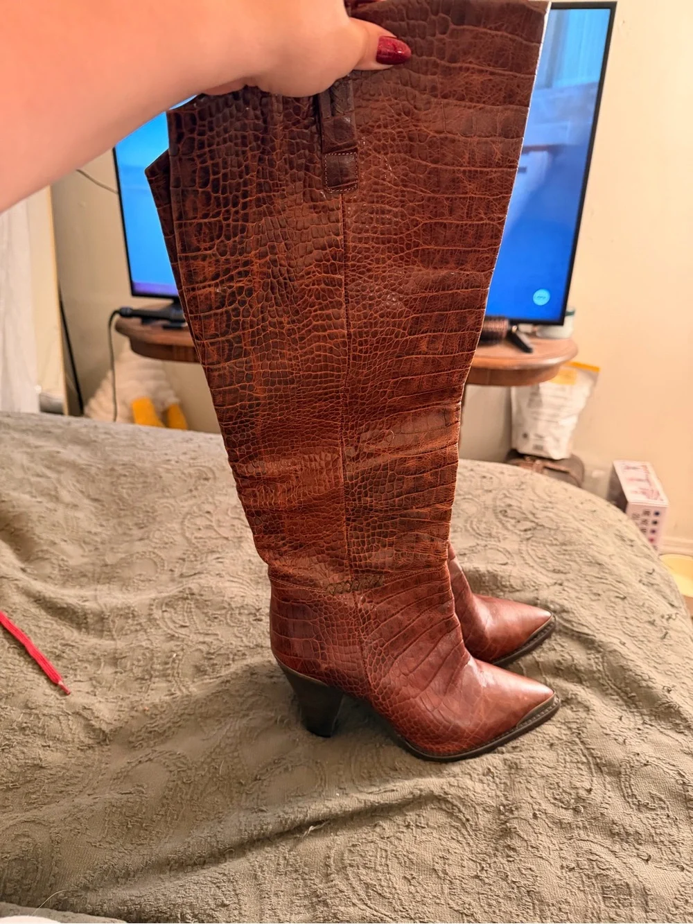 Free People Brown Croc-Embossed Pointed Toe Knee-High Boots